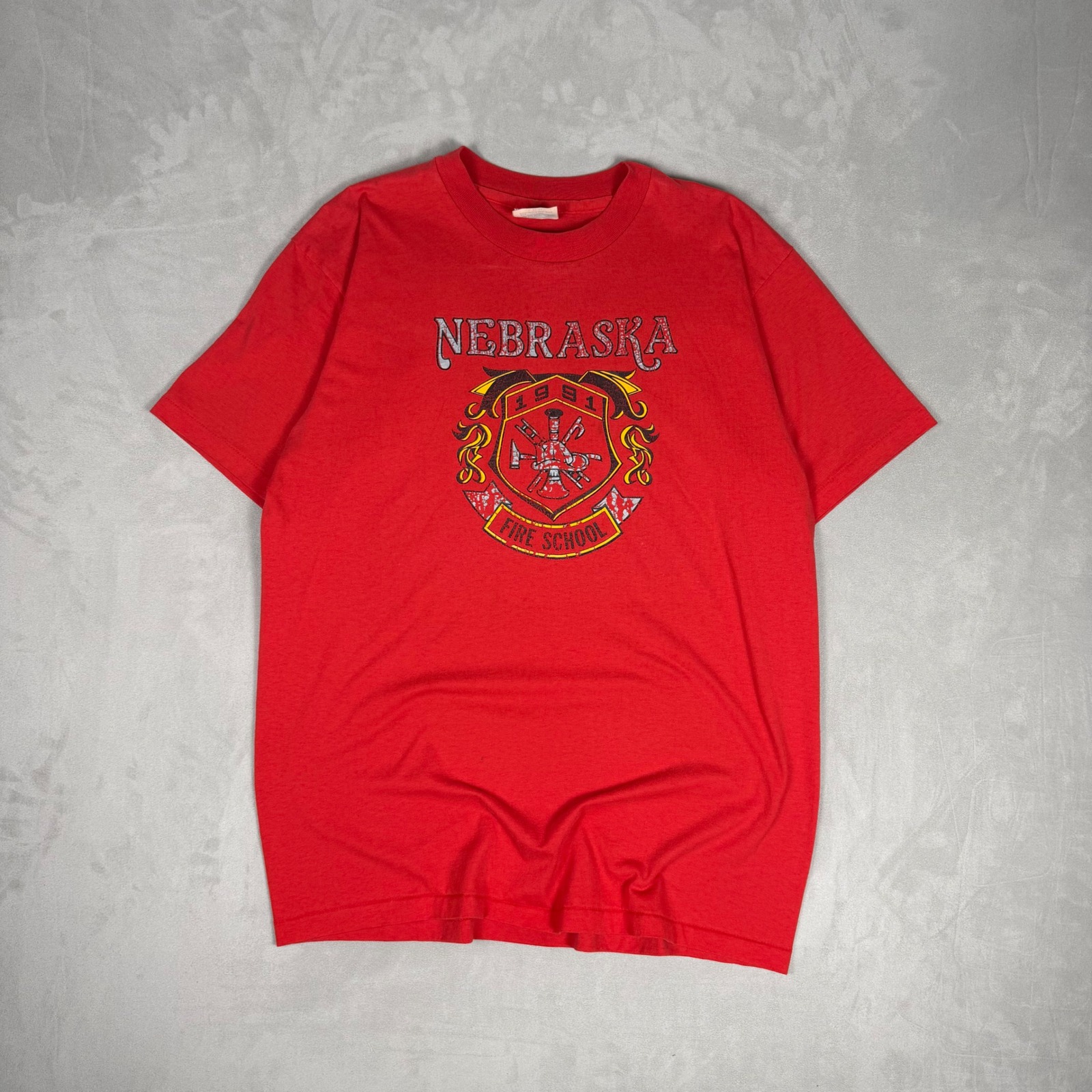 90s Mens Hanes Nebraska Fire School 1991 Graphic TShirt Vintage Red Large